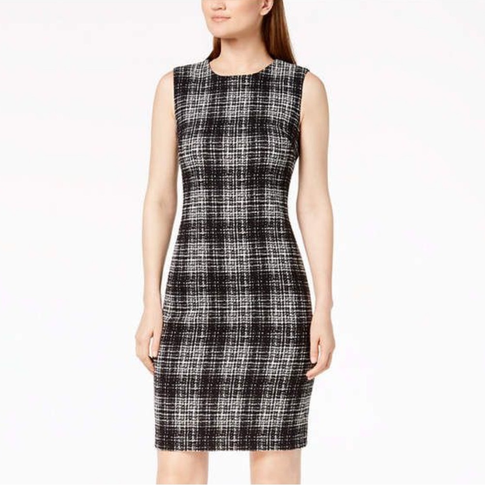 Calvin Klein Black and White Sheath Midi Dress Crew Neck Sleeveless